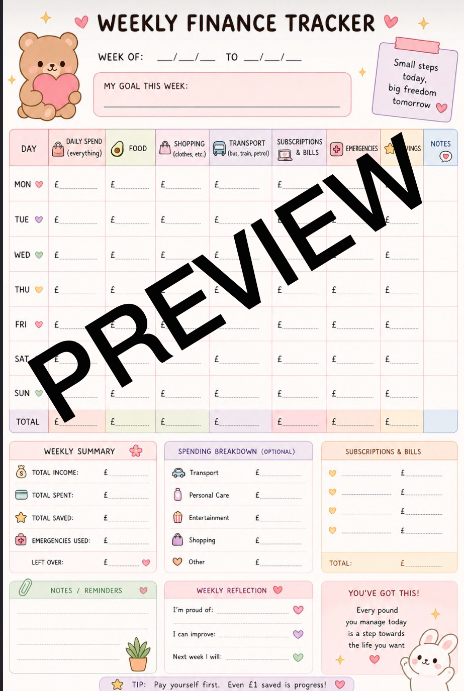 Monday to Sunday Budget Tracker Template